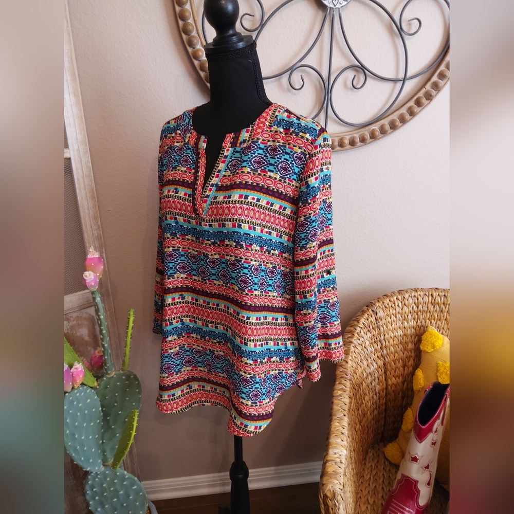 Cato Multicolor Patterned V-Neck Tunic - Picture 9 of 11